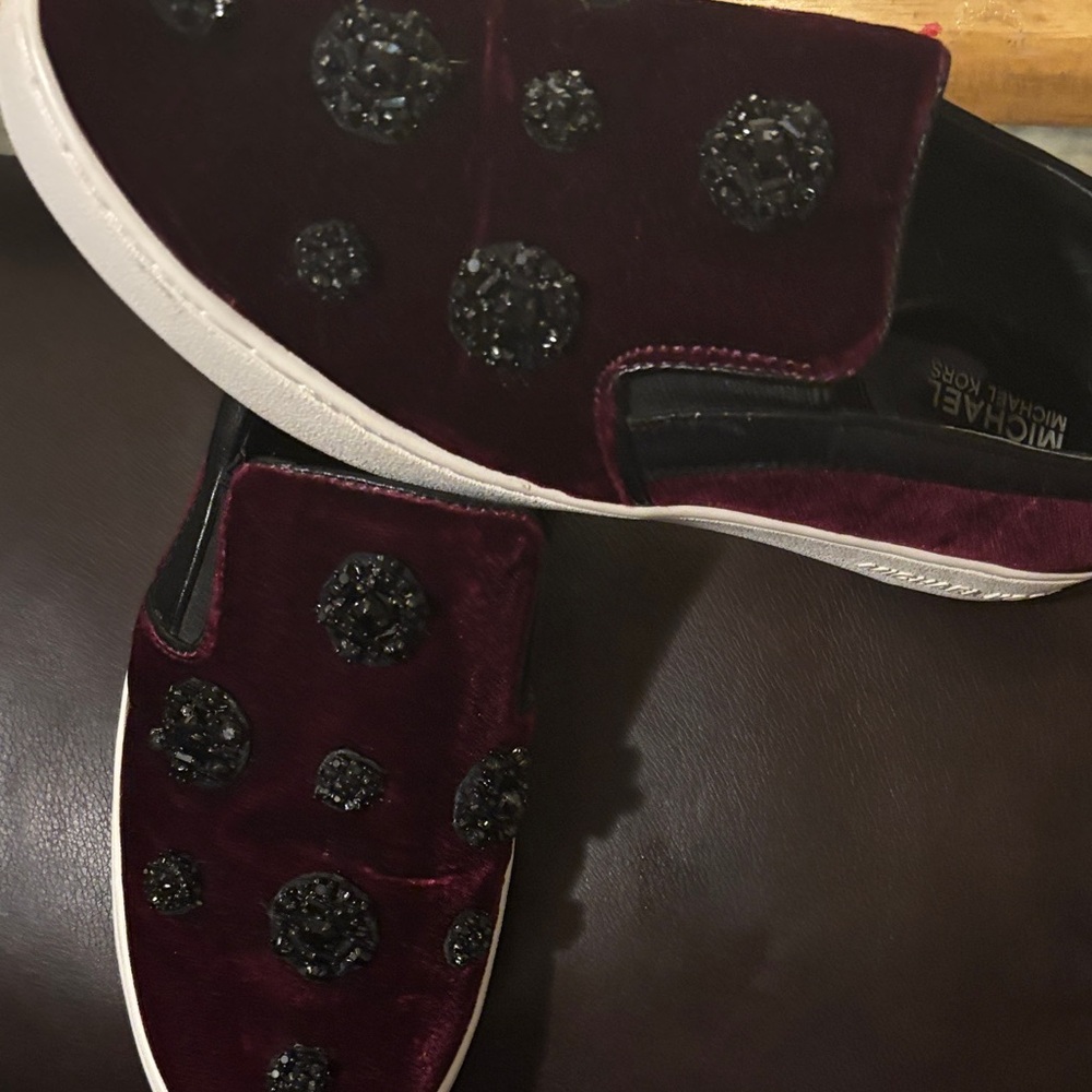 Michael Kors Dark Red Velvet Slip-Ons with Black Accents - tiny wears - Picture 10 of 13